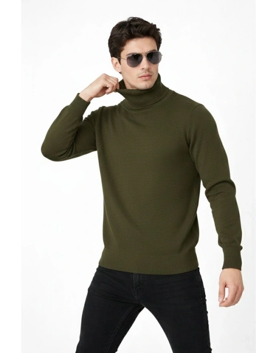 Tam Boğazlı Balıkcı Yaka Triko Kazak yumuşak dokulu Pamuklu ince Dokuma, uzun kollu Rahat Regular kalıp - Haki