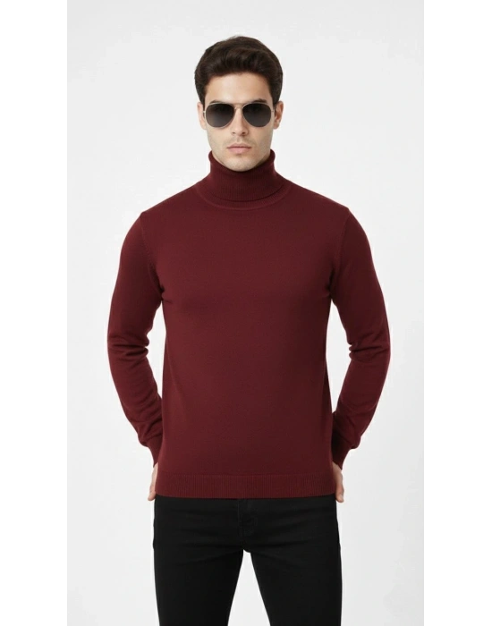 Tam Boğazlı Balıkcı Yaka Triko Kazak yumuşak dokulu Pamuklu ince Dokuma, uzun kollu Rahat Regular kalıp - Bordo