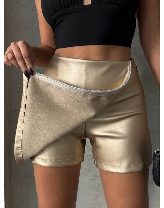 Taşlı şort etek deri gold h240018