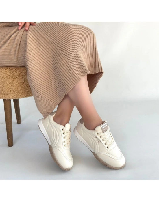 Tawen Bej Cilt Bağcıklı Spor Ayakkabı