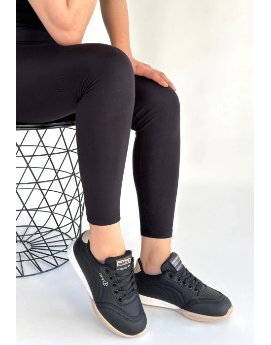 Tawen Siyah Cilt Bej Tabanlı Bağcıklı Spor Ayakkabı