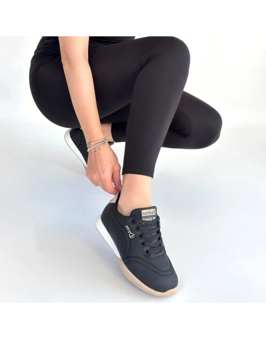 Tawen Siyah Cilt Bej Tabanlı Bağcıklı Spor Ayakkabı