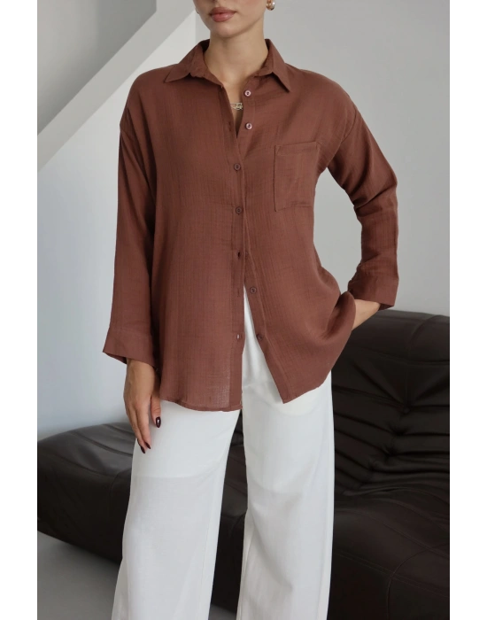Tek cepli müslin gömlek kahve pt