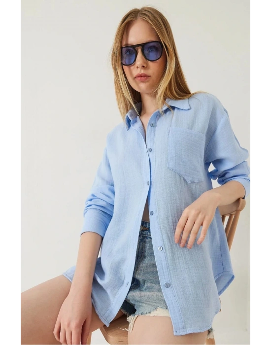 Tek cepli müslin gömlek mavi pt