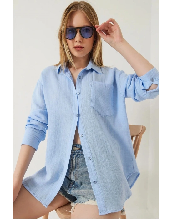 Tek cepli müslin gömlek mavi pt