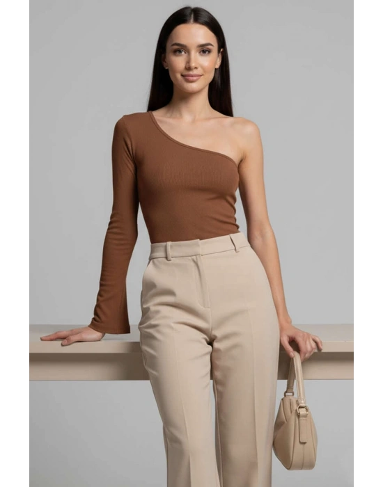 Tek Omuzlu Basic Bluz kahve T4275