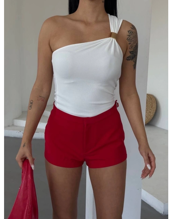 Tek omuzlu Otoman kumaş gold metal detaylı bluz s2311