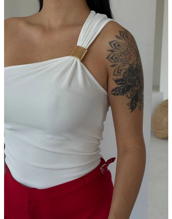 Tek omuzlu Otoman kumaş gold metal detaylı bluz s2311