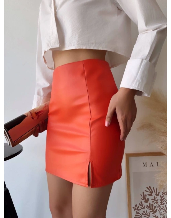 Tek yırtmaçlı arkadan fermuarlı deri etek turuncu s24475