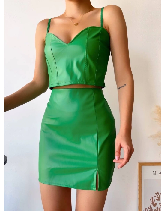 Tek yırtmaçlı arkadan fermuarlı deri etek yeşil s24475