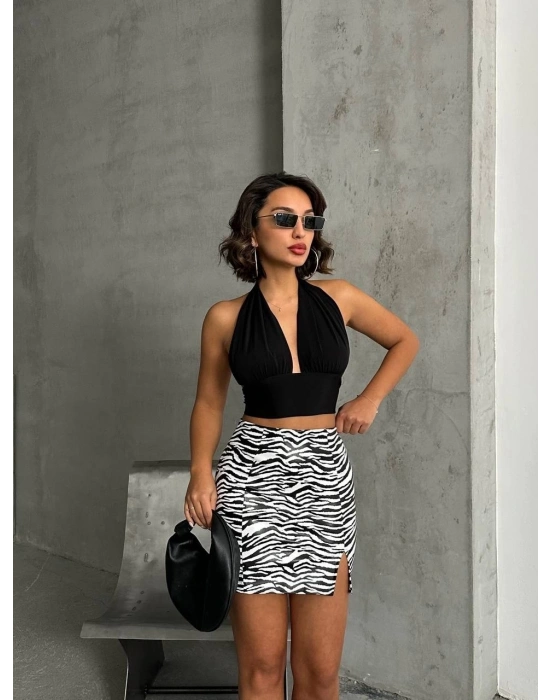 Tek yırtmaçlı zebra desenli deri etek beyazsiyah w24475-S