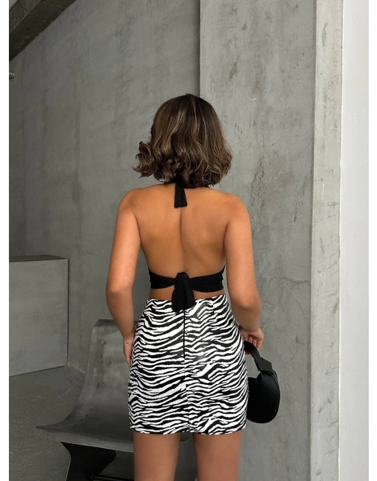 Tek yırtmaçlı zebra desenli deri etek beyazsiyah w24475-S