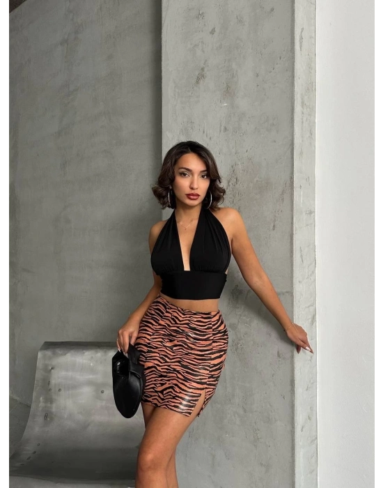 Tek yırtmaçlı zebra desenli deri etek kahvesiyah w24475-S