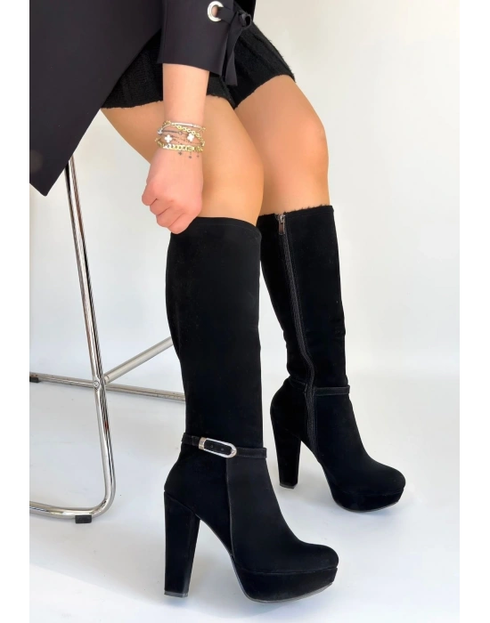 Tekja Siyah Süet Topuklu Çizme