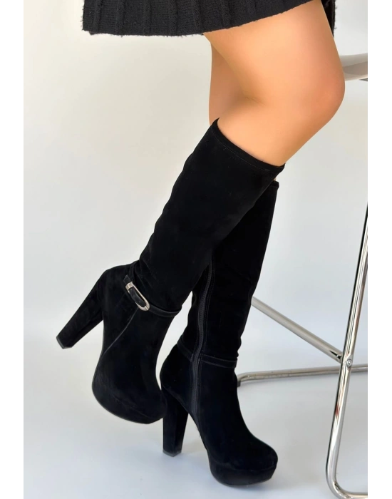 Tekja Siyah Süet Topuklu Çizme