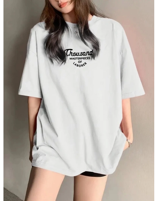 Thousand Ön Arka Baskılı Oversize Bisiklet Yaka T-shirt - Beyaz