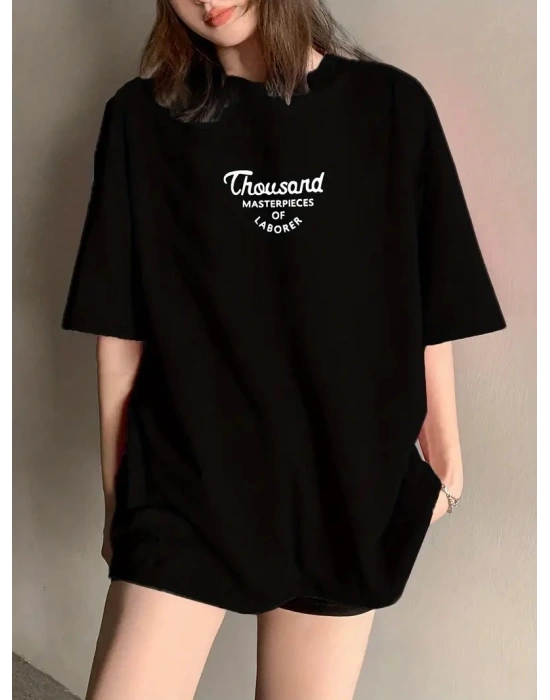 Thousand Ön Arka Baskılı Oversize Bisiklet Yaka T-shirt - Siyah