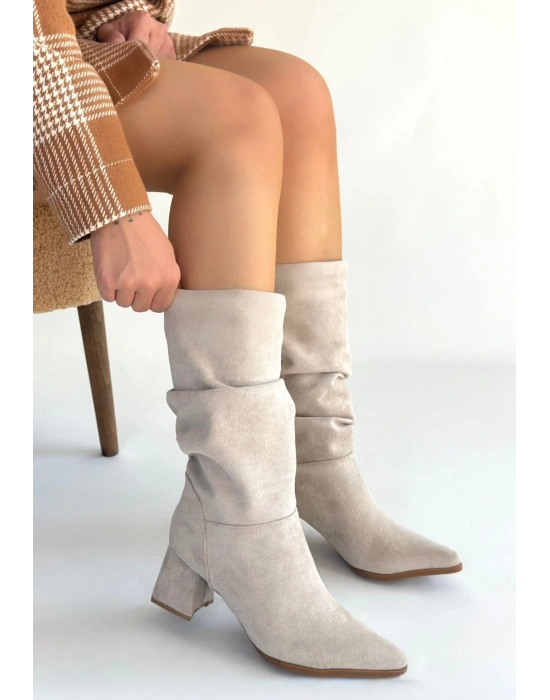 Titen Bej Süet Körüklü Topuklu Çizme