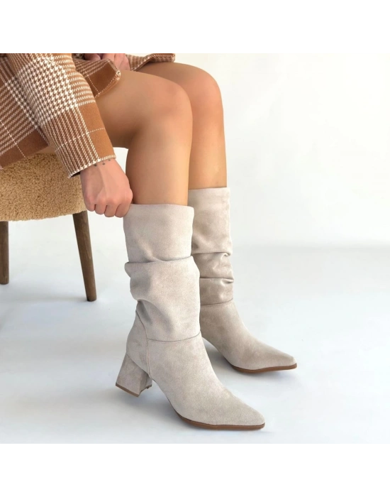 Titen Bej Süet Körüklü Topuklu Çizme