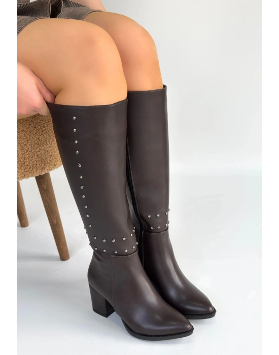 Tiyan Kahverengi Cilt Topuklu Çizme