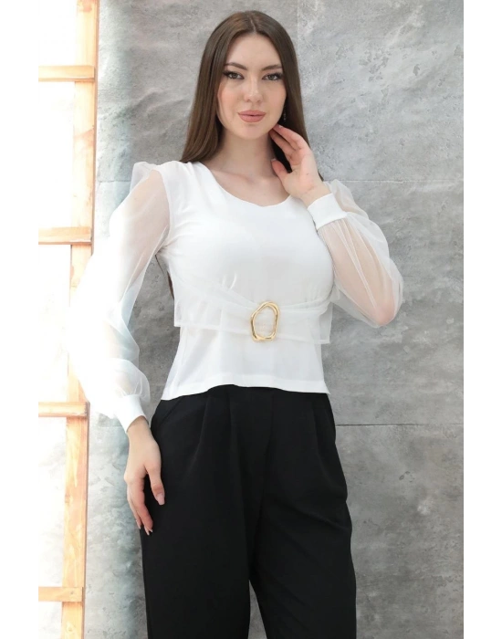 Tokalı tül kollu bluz beyaz t4071