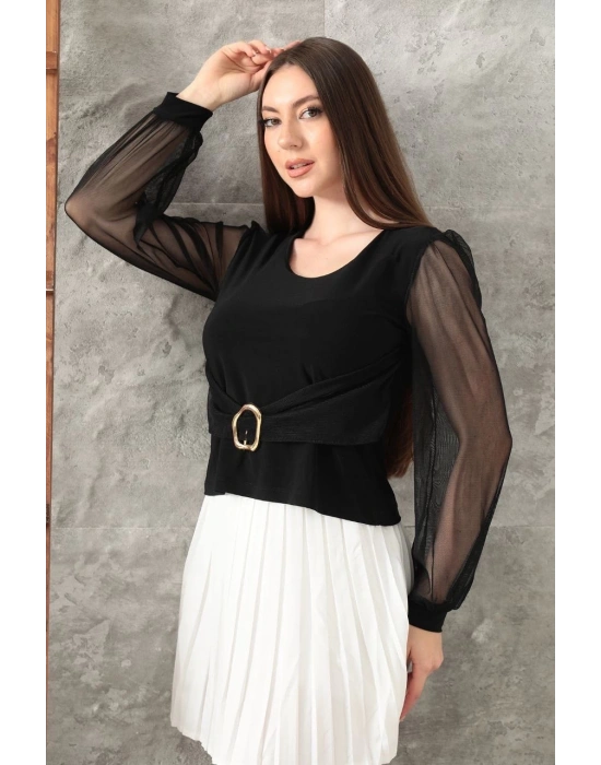 Tokalı tül kollu bluz siyah t4071