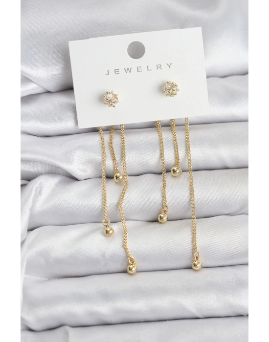 Topçuk Model Gold Renk Pirinç Sallantılı Kadın Küpe Seti