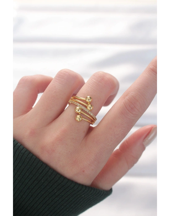Topçuk Model Zirkon Taşlı Gold Renk Ayarlanabilir Yüzük