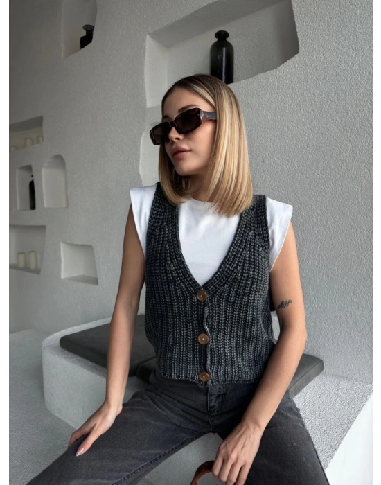 Triko Kolsuz Düğmeli Yelek - Siyah