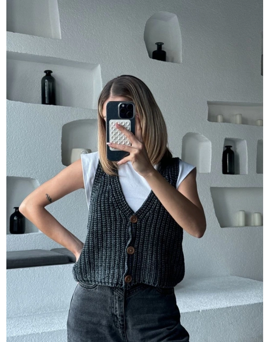 Triko Kolsuz Düğmeli Yelek - Siyah