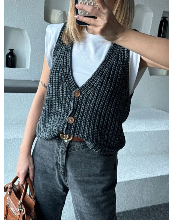 Triko Kolsuz Düğmeli Yelek - Siyah