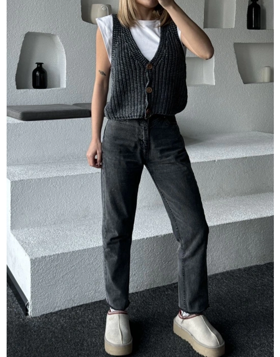 Triko Kolsuz Düğmeli Yelek - Siyah