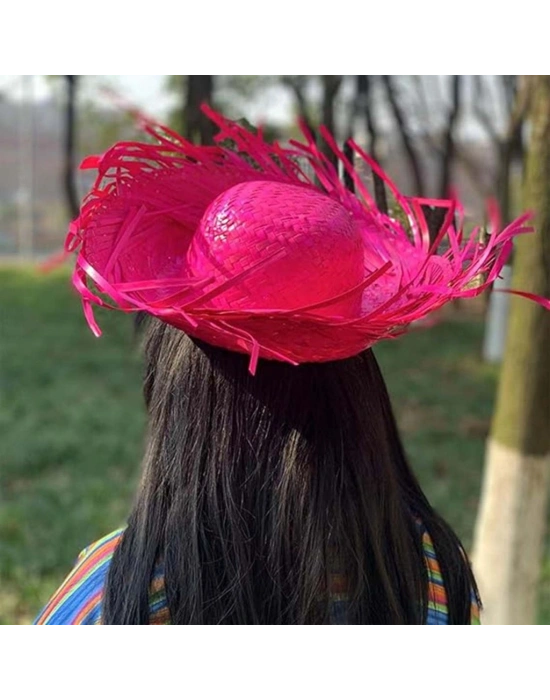 Tropikal Parti Pembe Fuşya Hasır Hawaii Şapkası 13x36 cm