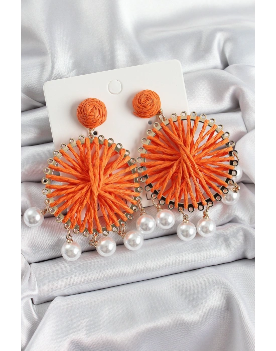 Turuncu Hasır Örgü Sarmal Model Sallantılı İnci Detaylı Gold Renk Kadın Küpe