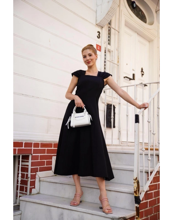 U yaka prenses elbise siyah s255101