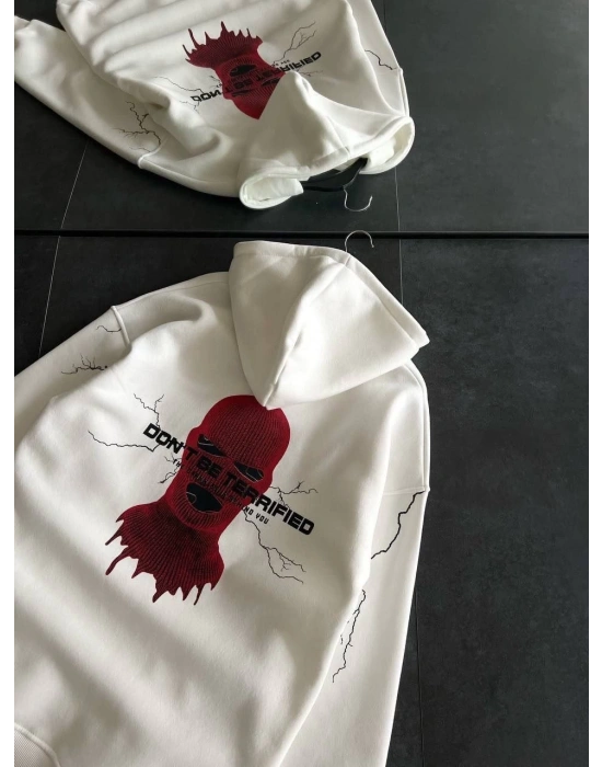 Üç İplik Kapüşonlu Baskılı Oversize SweatShirt- Beyaz