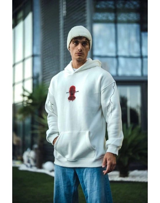 Üç İplik Kapüşonlu Baskılı Oversize SweatShirt- Beyaz
