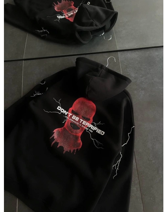 Üç İplik Kapüşonlu Baskılı Oversize SweatShirt- Siyah