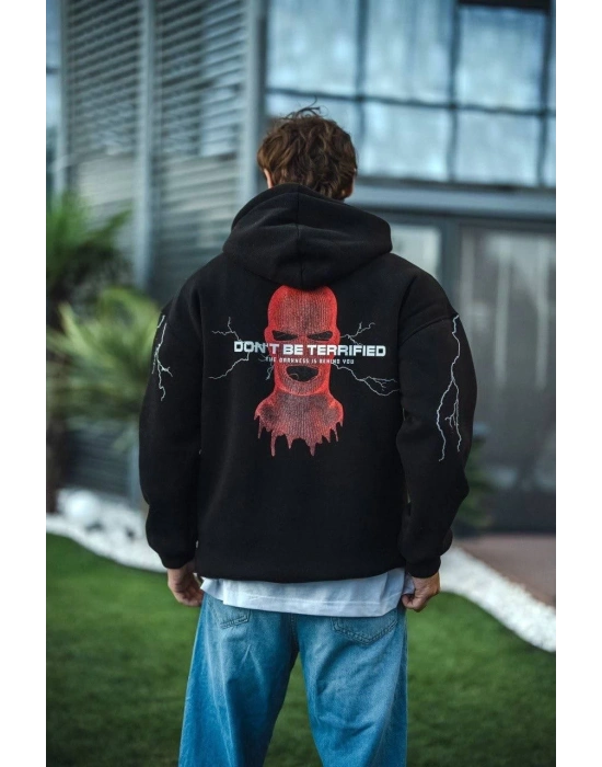 Üç İplik Kapüşonlu Baskılı Oversize SweatShirt- Siyah