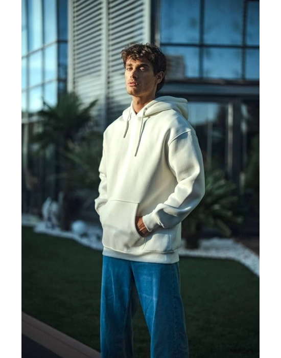 Üç İplik Penye Kapşonlu Basic SweatShirt - Beyaz