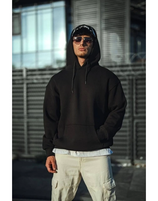 Üç İplik Penye Kapşonlu Basic SweatShirt - Siyah