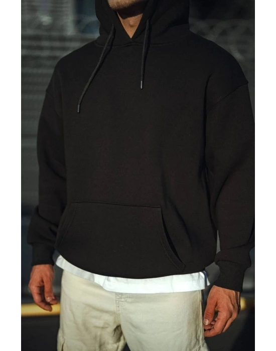 Üç İplik Penye Kapşonlu Basic SweatShirt - Siyah