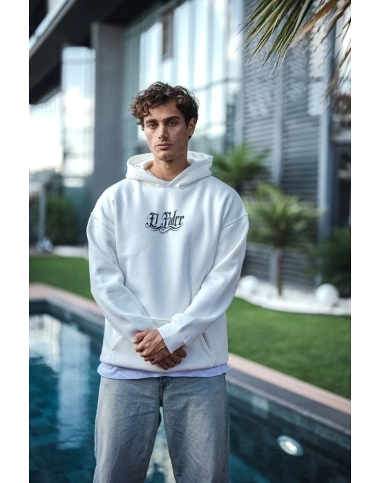 Üç İplik Penye Kapşonlu Baskılı SweatShirt - Beyaz