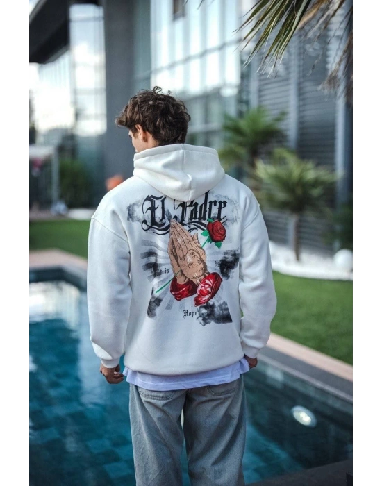 Üç İplik Penye Kapşonlu Baskılı SweatShirt - Beyaz