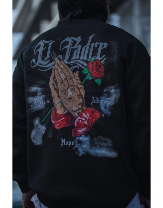 Üç İplik Penye Kapşonlu Baskılı SweatShirt - Siyah