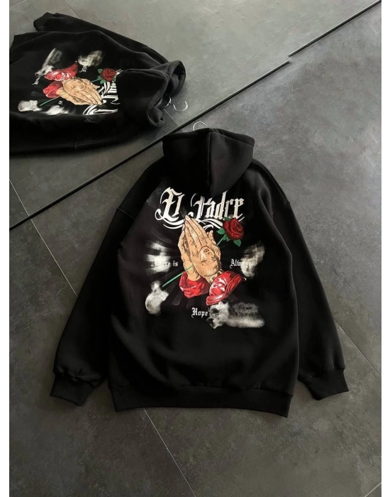 Üç İplik Penye Uzun Kol Kapşonlu Baskılı SweatShirt - Siyah