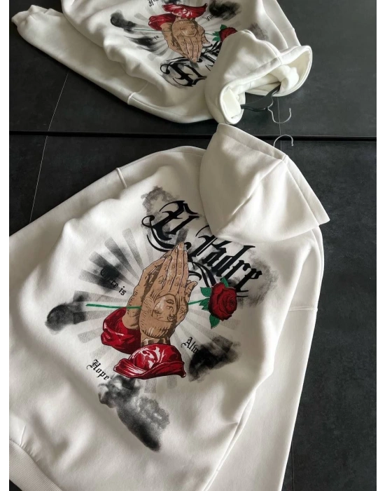 Üç İplik Penye Uzun Kol Kapüşonlu Baskılı SweatShirt - Beyaz