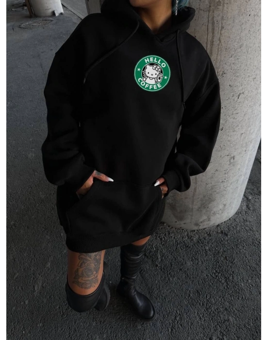 Üç İplik Penye Uzun Kol Kapüşonlu SweatShirt - Siyah