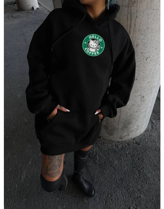 Üç İplik Penye Uzun Kol Kapüşonlu SweatShirt - Siyah