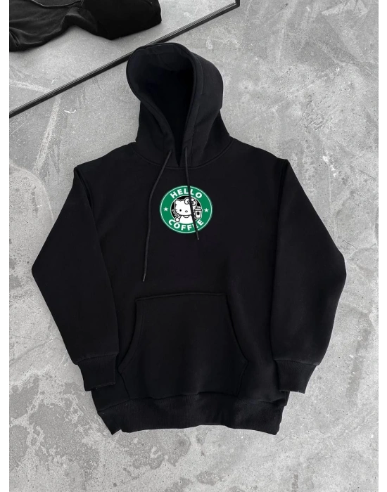 Üç İplik Penye Uzun Kol Kapüşonlu SweatShirt - Siyah